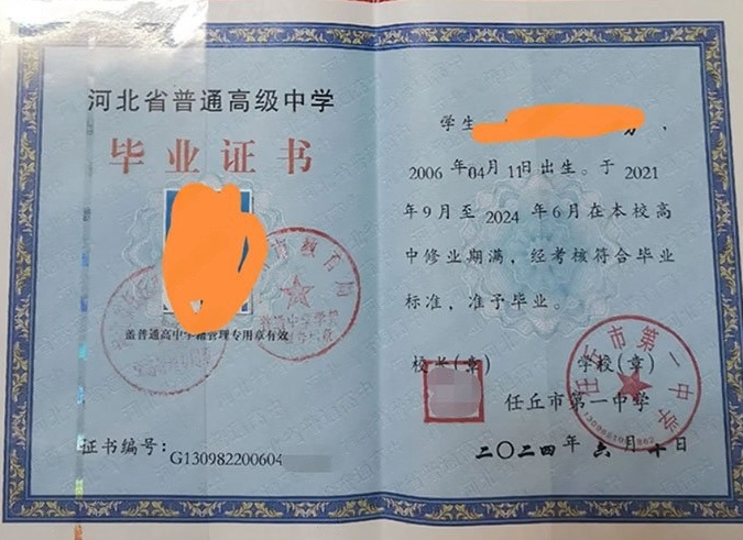 贵州任丘市第一中学高中毕业证样本图片